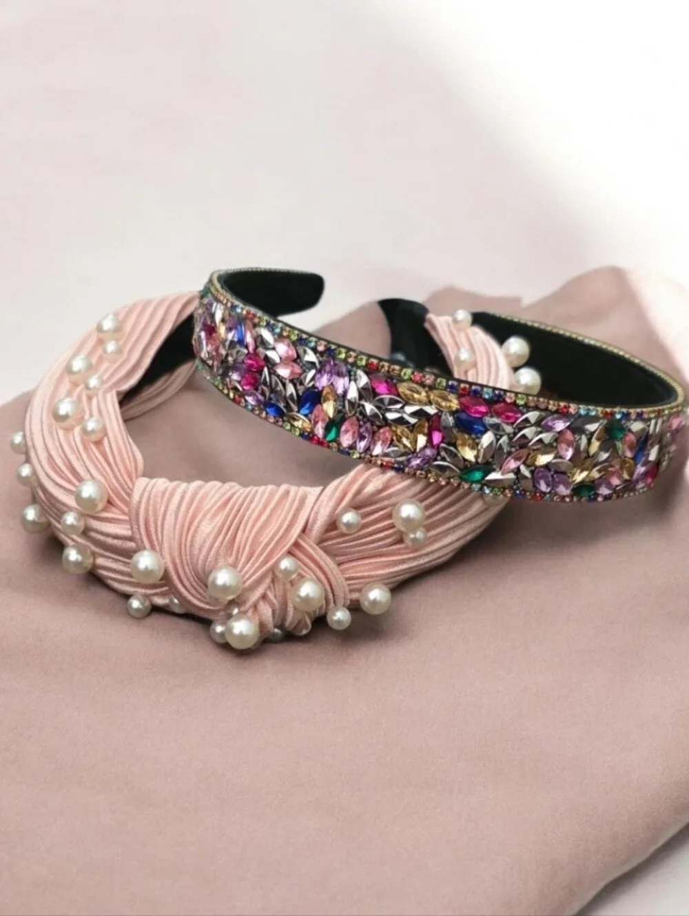 Elegant Pink Pearl Knot Headband & Multicolor Crystal Headband Set